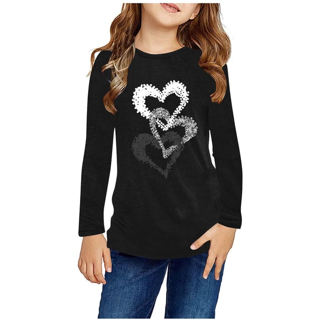 RXIRUCGD Chemises à Manches Longues pour Filles, Col Rond Mignon, Blouses Décontractées Élégantes (Noir, Taille : 7 Ans)
