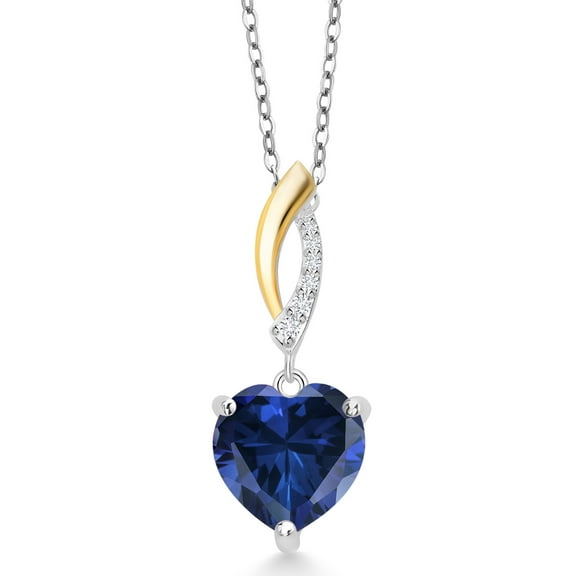 Gem Stone King Keren Hanan 925 Silver and 10K Yellow Gold Blue Simulated Sapphire and White Lab Grown Diamond Pendant Necklace for Women (4.15 Cttw, Heart Shape 10MM, with 18 inch Chain)