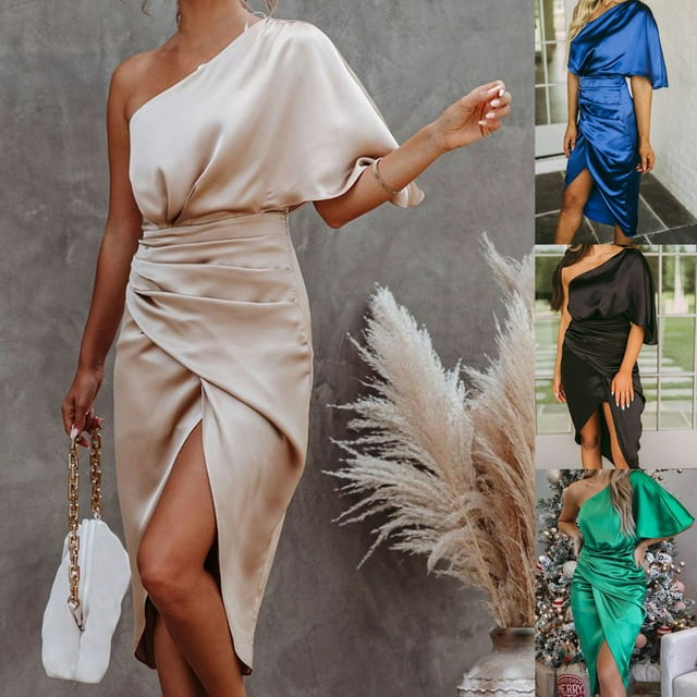 Robe de Fête Ourlet Irrégulier Taille Haute Col Bateau Fente Haute une Épaule Robe de Fête pour Dîner