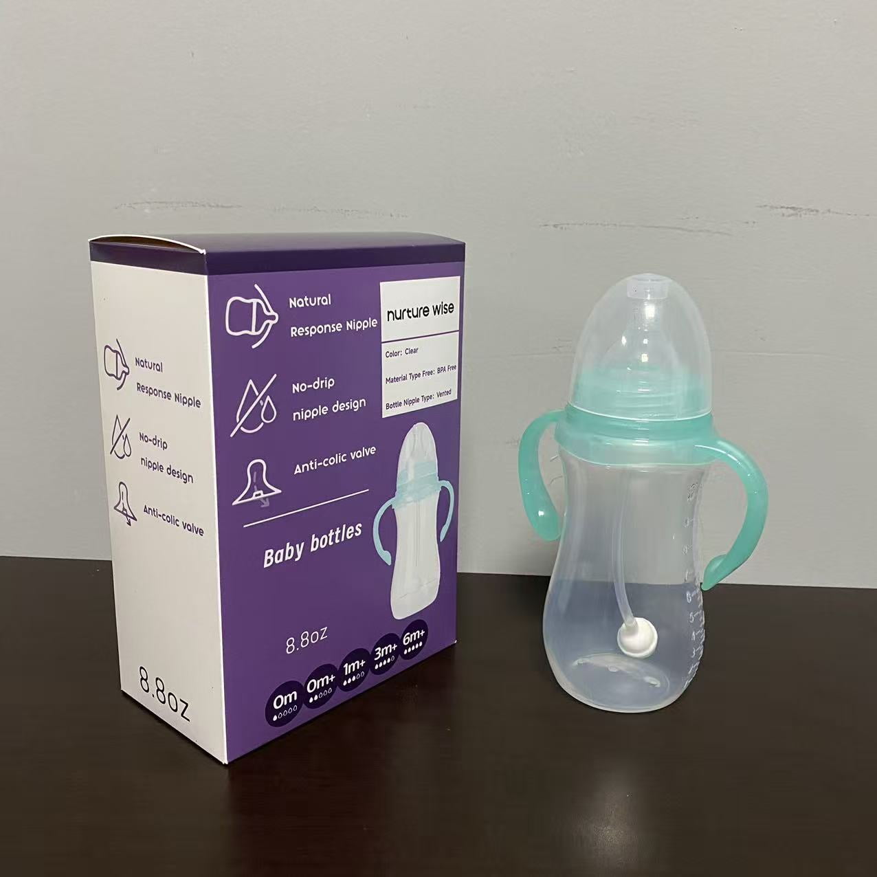 nurture wise Baby bottles,Bottle with Natural Response Nipple, Wide Neck  Bottles with Handle, Newborn Anti-Colic Baby Bottles Gift Set, Clear (8.8oz)