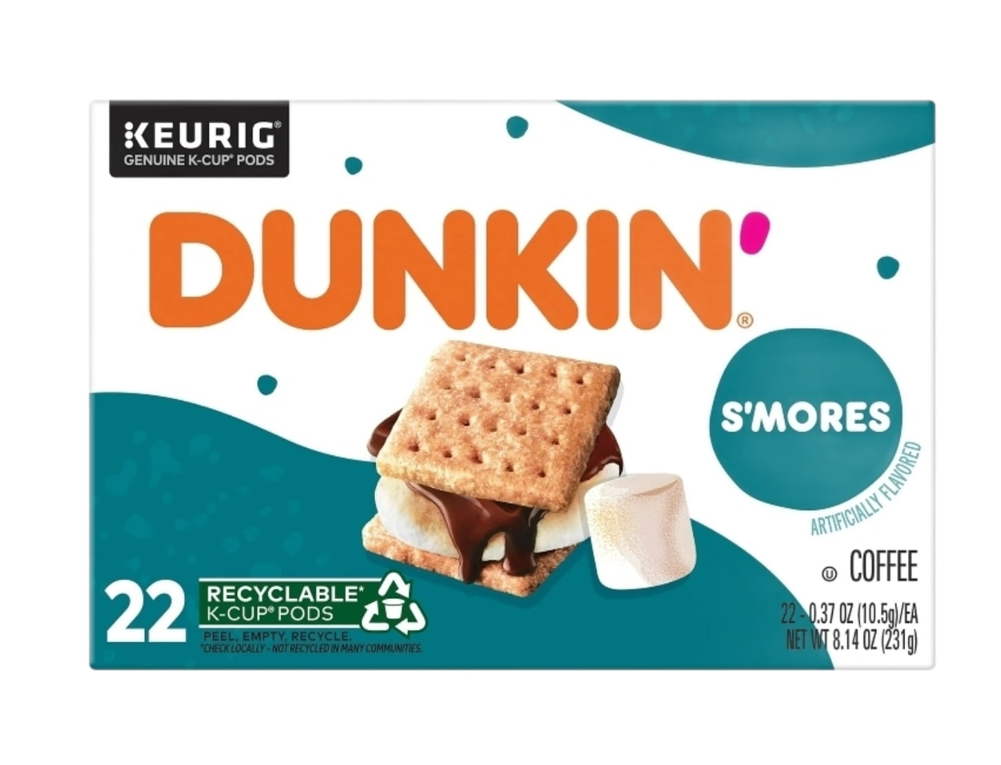 Dunkin Smores Flavored Coffee K Cups 2 Pack, 22 K Cups Per Box