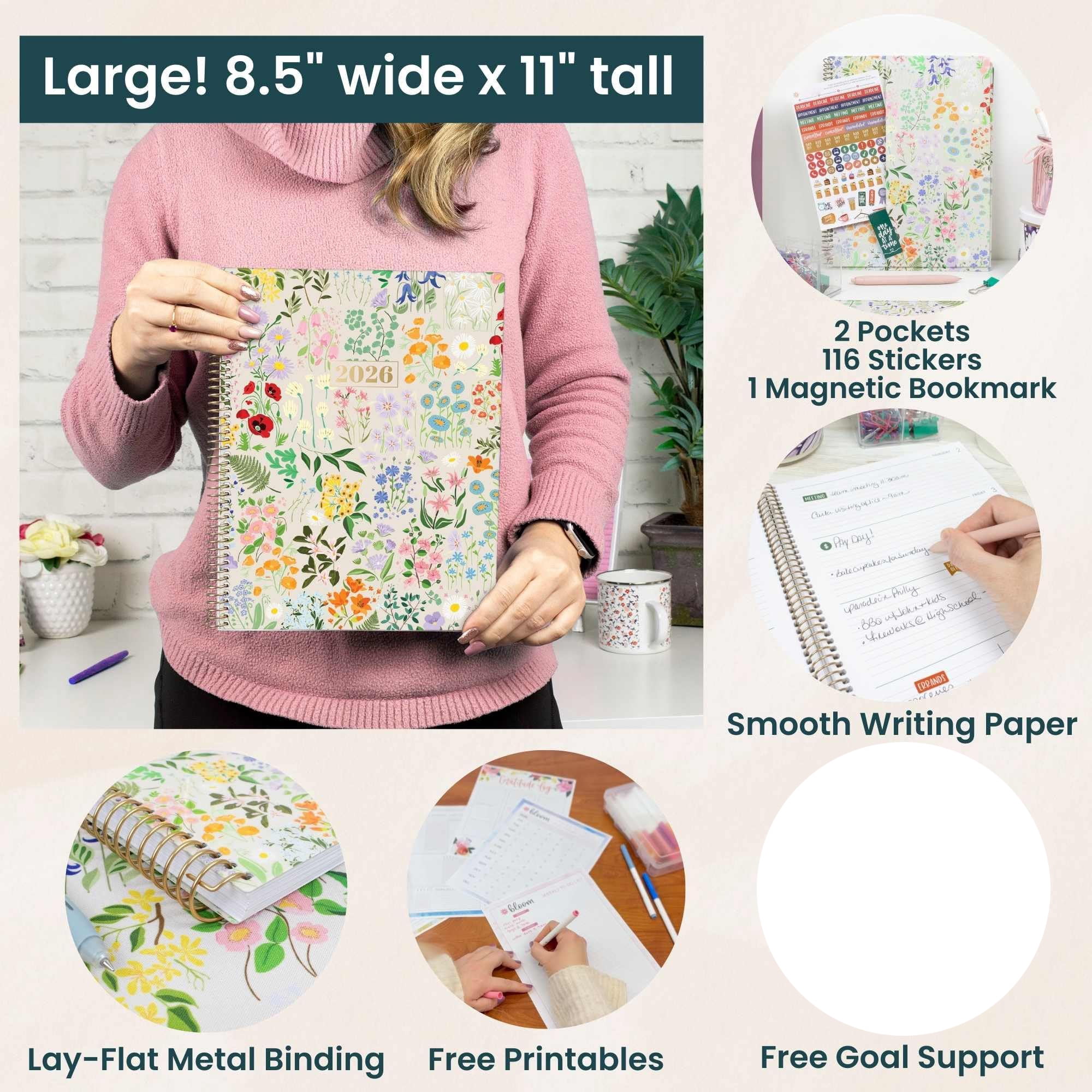 2026 Planner, January to December 2026 Weekly Monthly Organizer, 8.5 x 11 Dated Agenda Book with Stickers Tabs, Flexible Soft Cover, Spiral Binding, Productivity Tools, Garden Party Design, Beige