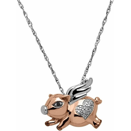 Petite Expressions Flying Pig Pendant with Black and White Diamond Accent in 18kt Pink Gold over Sterling Silver, 18