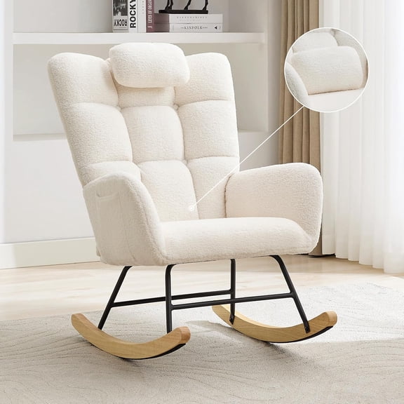 Nursery Rocking Chair, Teddy Upholstered Glider Rocking Chair with High Backrest, Armchair Reading Chair for Adults, Nursery, Bedroom, Living Room, Office, White Without Ottoman