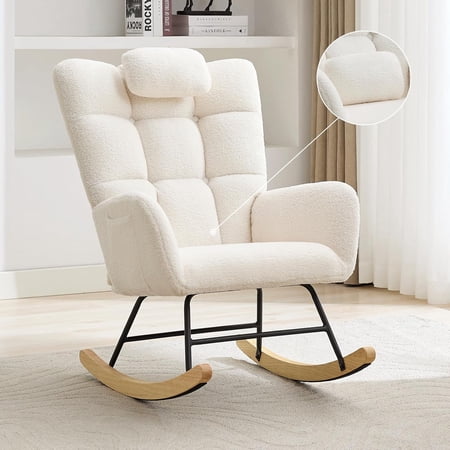 Rocking Chair Upholstered Glider with High Backrest and Detachable Pillow Nursery Armchair for Adults White