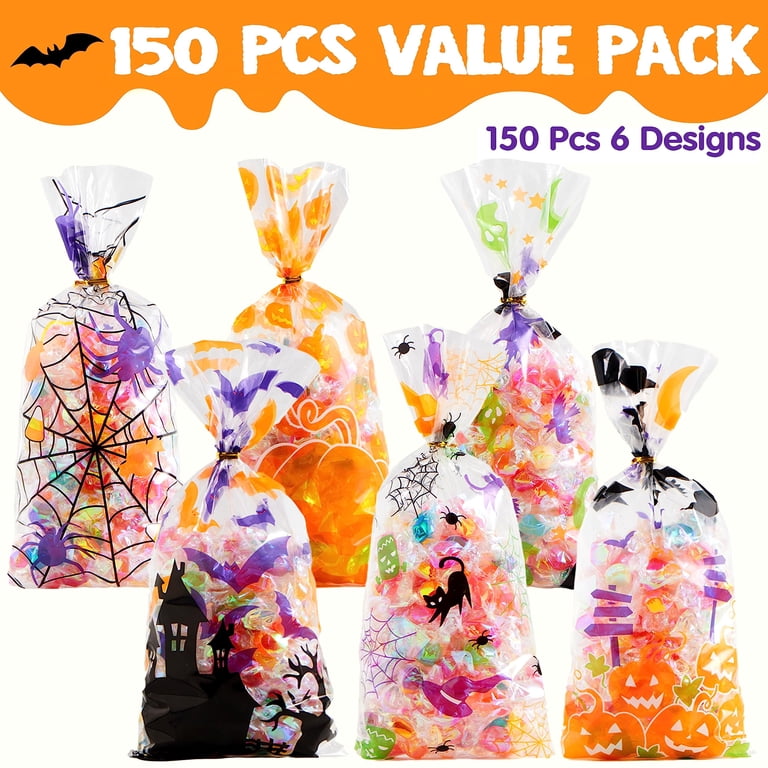 120 Sachets à Bonbons Halloween Transparents - 13x28 Cm Avec 150 Bandes Torsadées - Idéal Fête, Distribution
