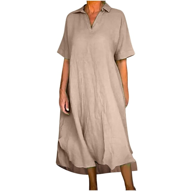 Besolor Robes Grande Taille pour Femmes Col en V à Revers Manches Longues Robe en Coton et Lin Ample Fluide Ourlet Arrondi Robe Midi