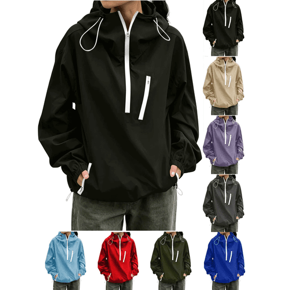 Liuinsasek Women's Mid-High Collar Hooded Windbreaker Fashion Solid Color Long-Sleeve Jacket with Drawstring and Pockets Casual Outdoor Outerwear Lightweight and Warm