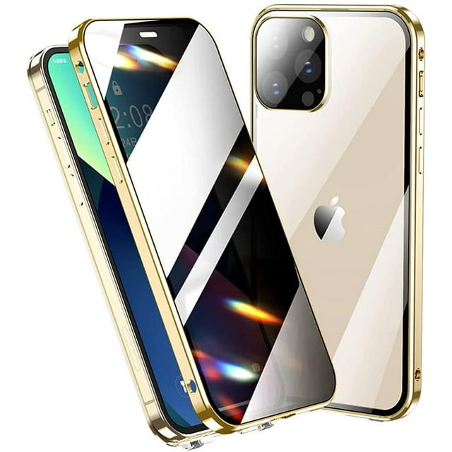 Lockable iPhone 12 Pro 6.1-inch Anti-Peeping Case with IBAOLE Lens Protector Privacy Screen Protector Strap Hole Aluminum Alloy Metal Bumper Case Double Lock Glass Case Cover (12Pro, Black)Gold12Pro