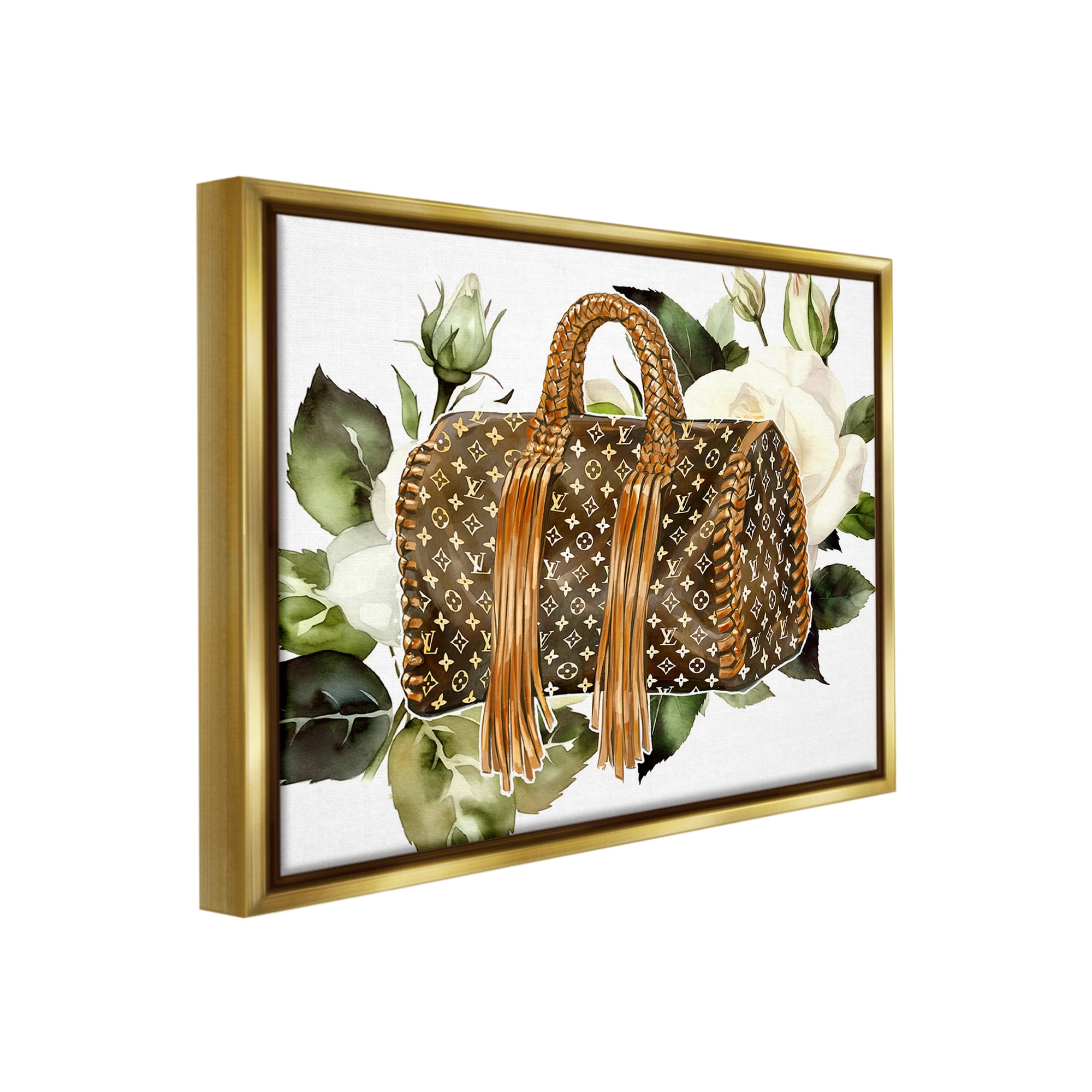 Stupell Industries Designer Purse with Roses Beauty & Fashion Painting Gold Floater Framed Canvas Art Print Wall Art, 31 x 25