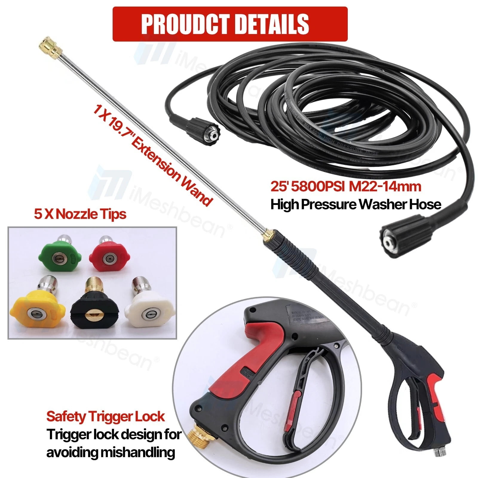 iMeshbean 4000 PSI Pressure Washer Gun 3/8" QC & M22-14mm Inlet Wand Lance Hose Spray Nozzle