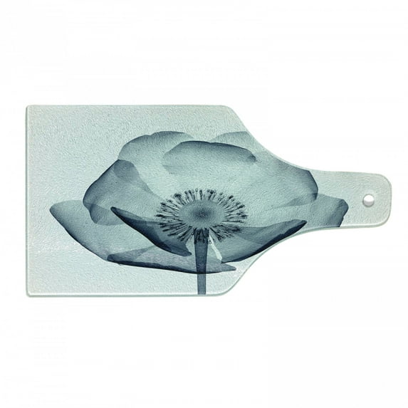 Flower Cutting Board, Closer Vision of a Poppy Flower Inner Structure of a Complex Nature Inspiration Art, Tempered Glass Cutting and Serving Board, Wine Bottle Shape, Teal White, by Ambesonne