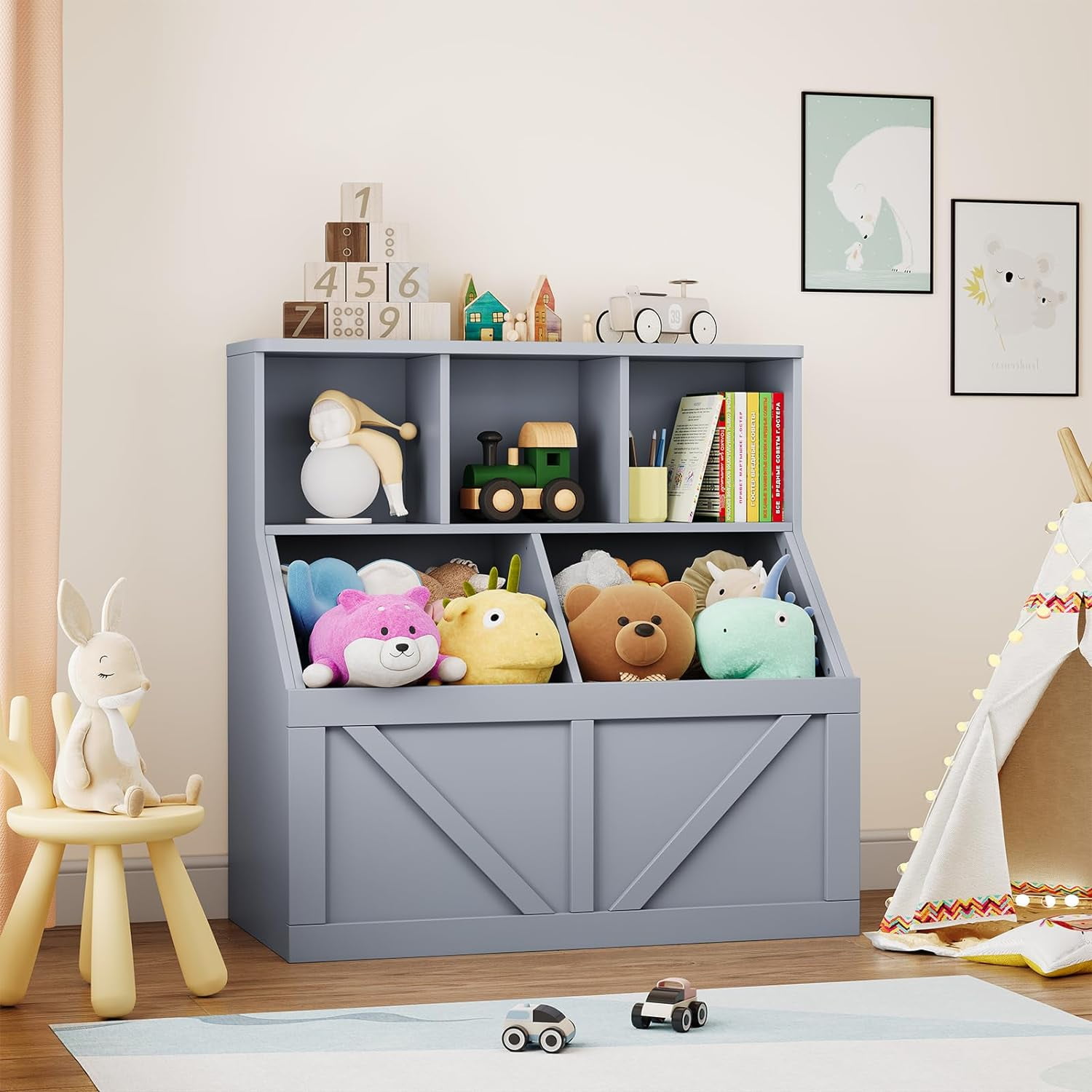 Historyli Toy Storage Bookshelf Organizer,Nursery Playroom,Daycare Childrens Room Toy Shelf and Bookcase Furniture,Pure Gray