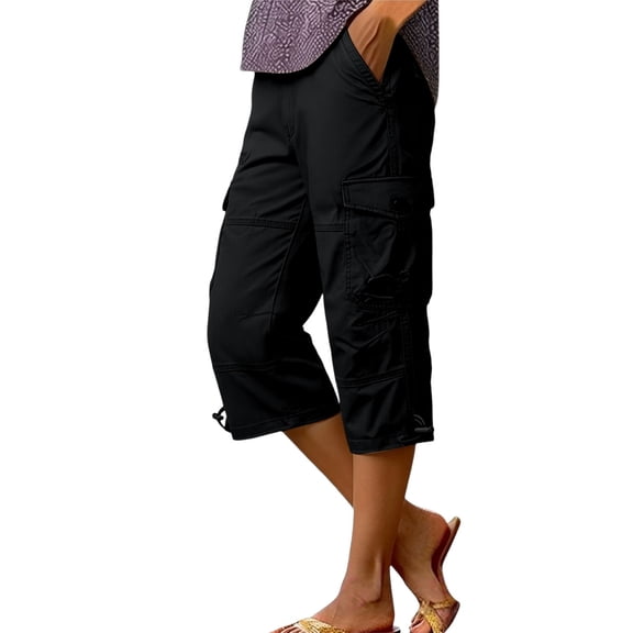 Audhol Womens Capris for Summer Women's Cargo Capris Cropped Pants Elastic Waist Hiking Pants 2026 Summer Casual Pants with Pockets Womens Pants Casual Black L