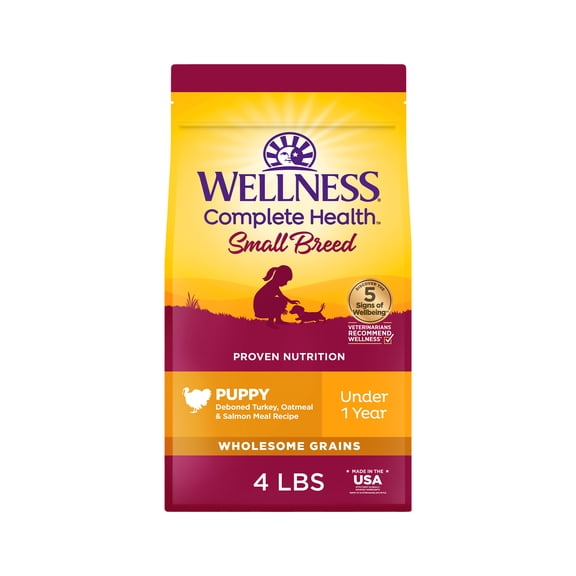 Wellness Complete Health Puppy Dry Dog Food, Small Breed, Wholesome Grains, Natural, Chicken, Oatmeal, & Salmon Recipe, (4-Pound Bag)