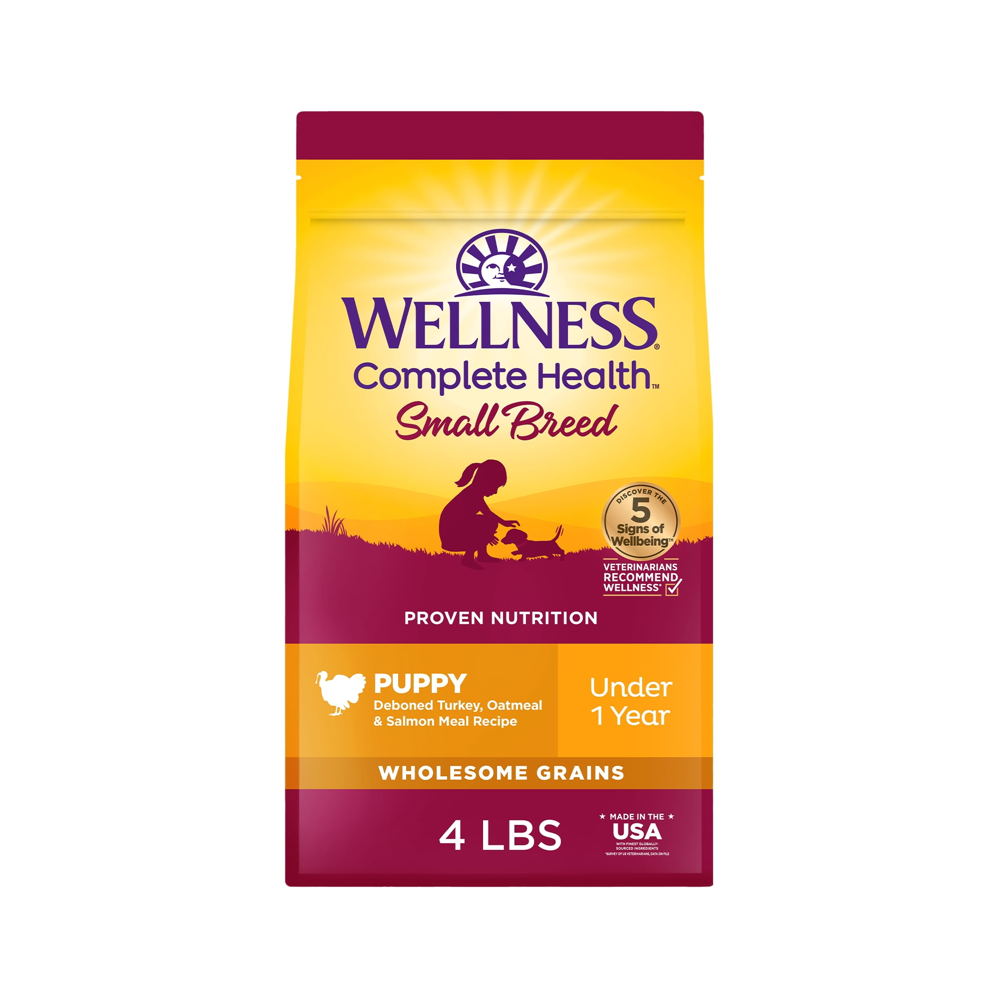 Wellness Complete Health Puppy Dry Dog Food, Small Breed, Wholesome Grains, Natural, Chicken, Oatmeal, & Salmon Recipe, (4-Pound Bag)
