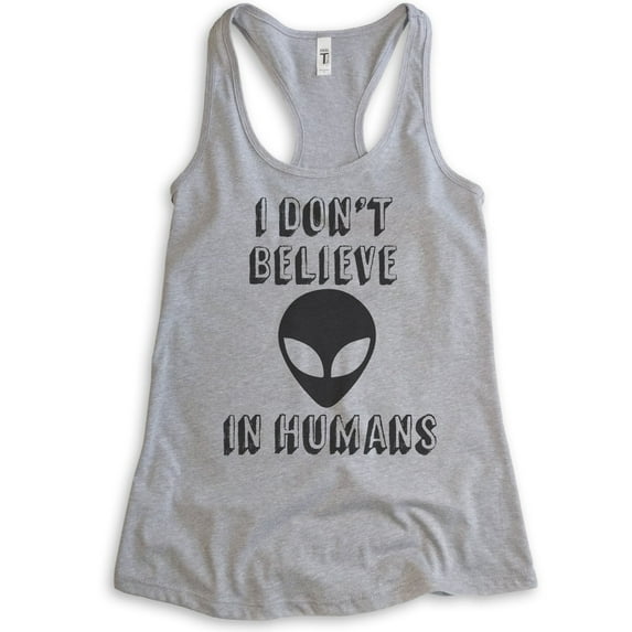 I Don't Believe In Humans Tank Top, Ladies Racerback Tank Top, Funny Alien Tank, UFO Tank, Heather Gray, Medium