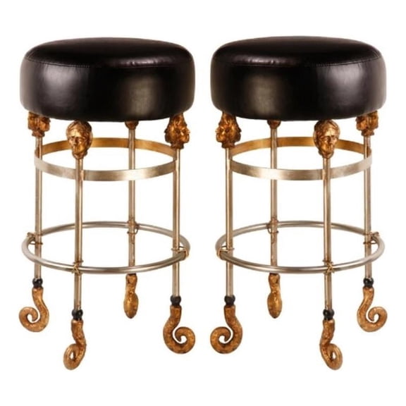 Home Square 26" Short Leather and Steel Bar Stool in Gold & Black - Set of 2