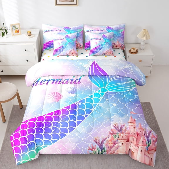 Erosebridal Cartoon Fish Tail Bedding Twin Size, Dreamy Mermaid Bed in a Bag Twin size, Marine Sealife Reversible Bed Set, Super Cozy Bedroom Decorative, 7pcs