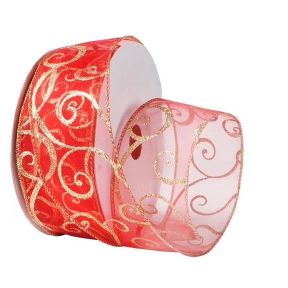 Red Ribbli Swirl Glitter Wired Ribbon Organza Sheer for Holiday Decoration 11 Yards