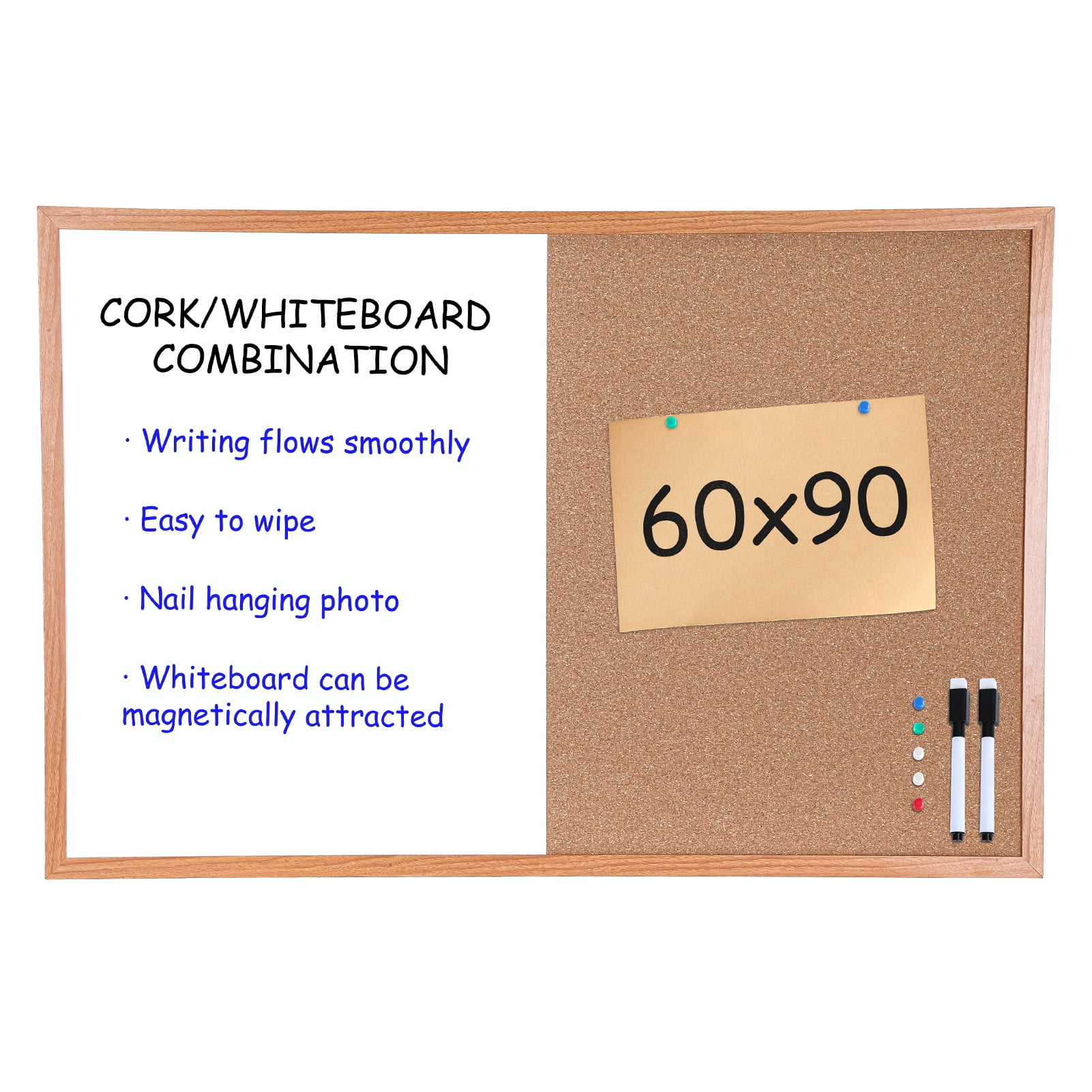Sioweci Dry-Erase Cork Board Combo, Magnetic Whiteboard & Bulletin Board Combination, Wooden Frame Vision Board with Markers Push Pins for Office Home School,23.62" x 35.43"