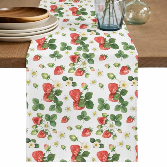 Strawberry Table Runner 36 Inches, Fruits Green Palm Leaves Red Watercolor Bed Runner Dresser Scarves Tabletop for Indoor Outdoor Parties/Ceremony/Banquet, 13"x 36"