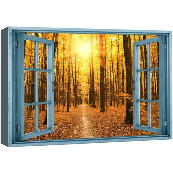 wall26 Canvas Print Wall Art Window View Autumn Fall Spring Season Sunset Forest Wilderness Nature Photography Realism Scenic Landscape Colorful Multicolor for Living Room, Bedroom, Office - 32"
