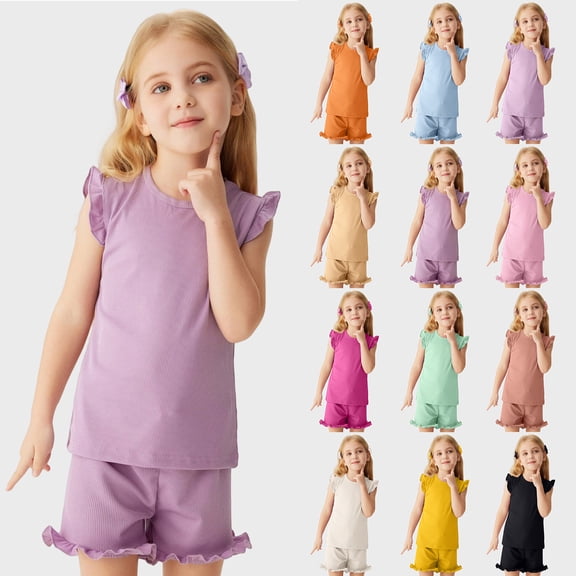 RTKFRFLM Baby Girls 2-Piece Summer Set Solid Color Flutter Sleeve Top and Matching Elastic Waist Shorts Simple Casual Soft Cotton Outfits for and Toddler Girls Clothing