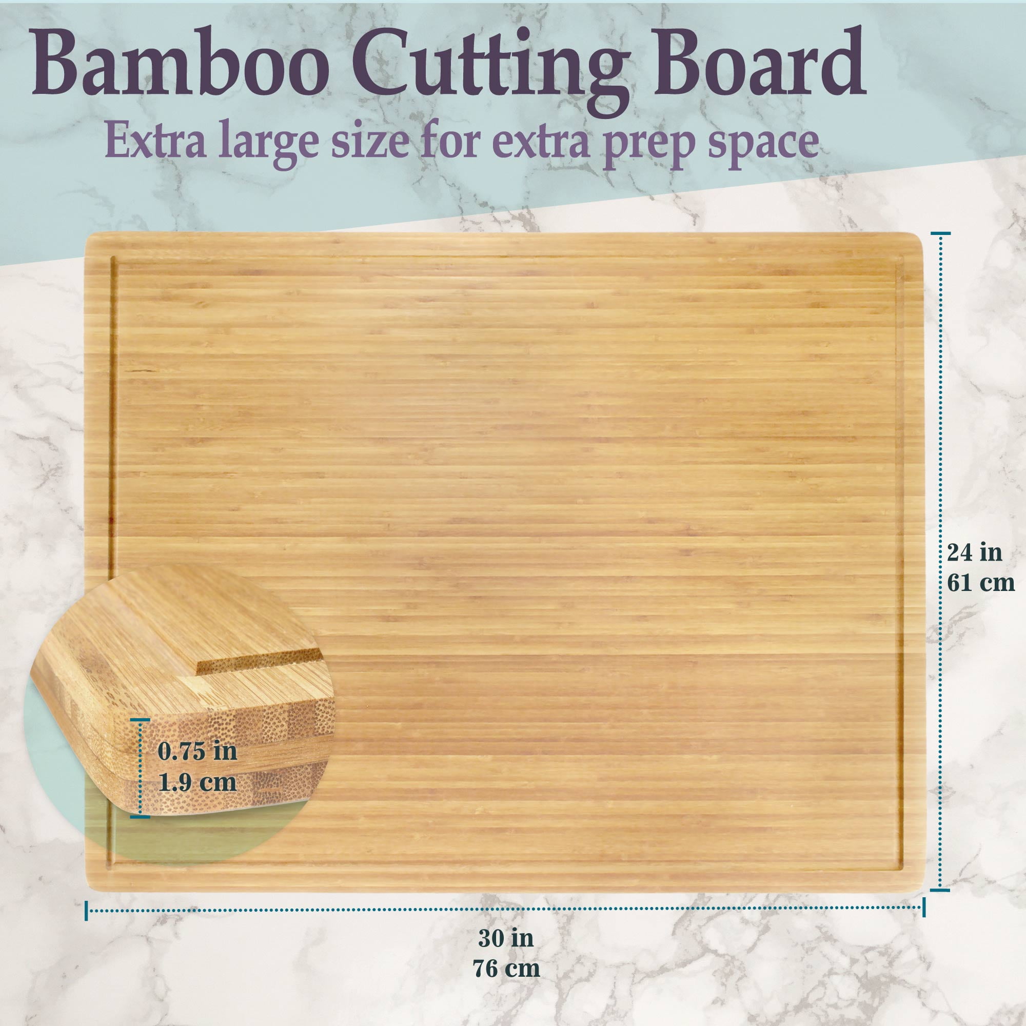 BambooMN Bamboo Burner Cover Cutting Board, 3-Ply, Extra Large, 30" x 24" x 0.75" - Grooved/Flat with Chef's Knife Combo