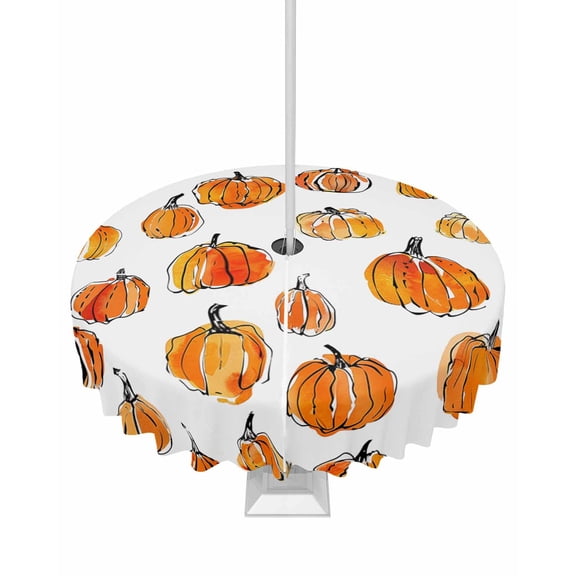 Fsddascl Orange Pumpkins Fall Outdoor Tablecloth - 54 Inch Round Dining Table Cover, Watercolor Thanksgiving Waterproof Outdoor Table Cloth with Umbrella Hole & Zipper for Picnic/Patio/Party