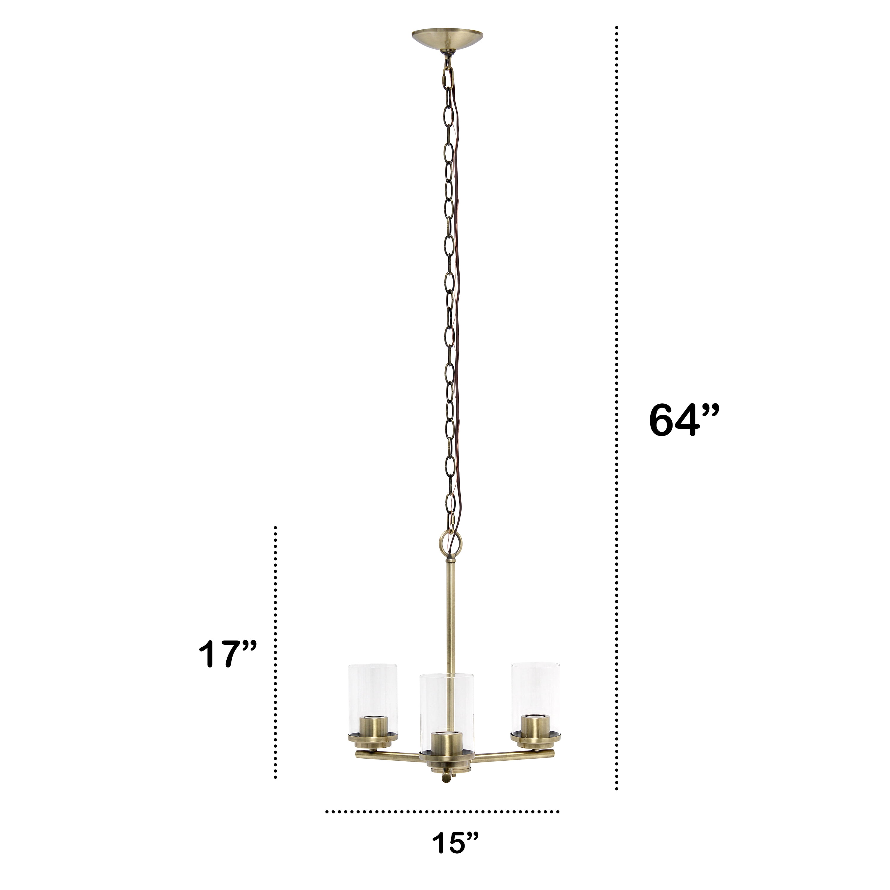 Lalia Home 3-Light 15" Clear Glass And Metal Hanging Pendant Chandelier, Antique Brass