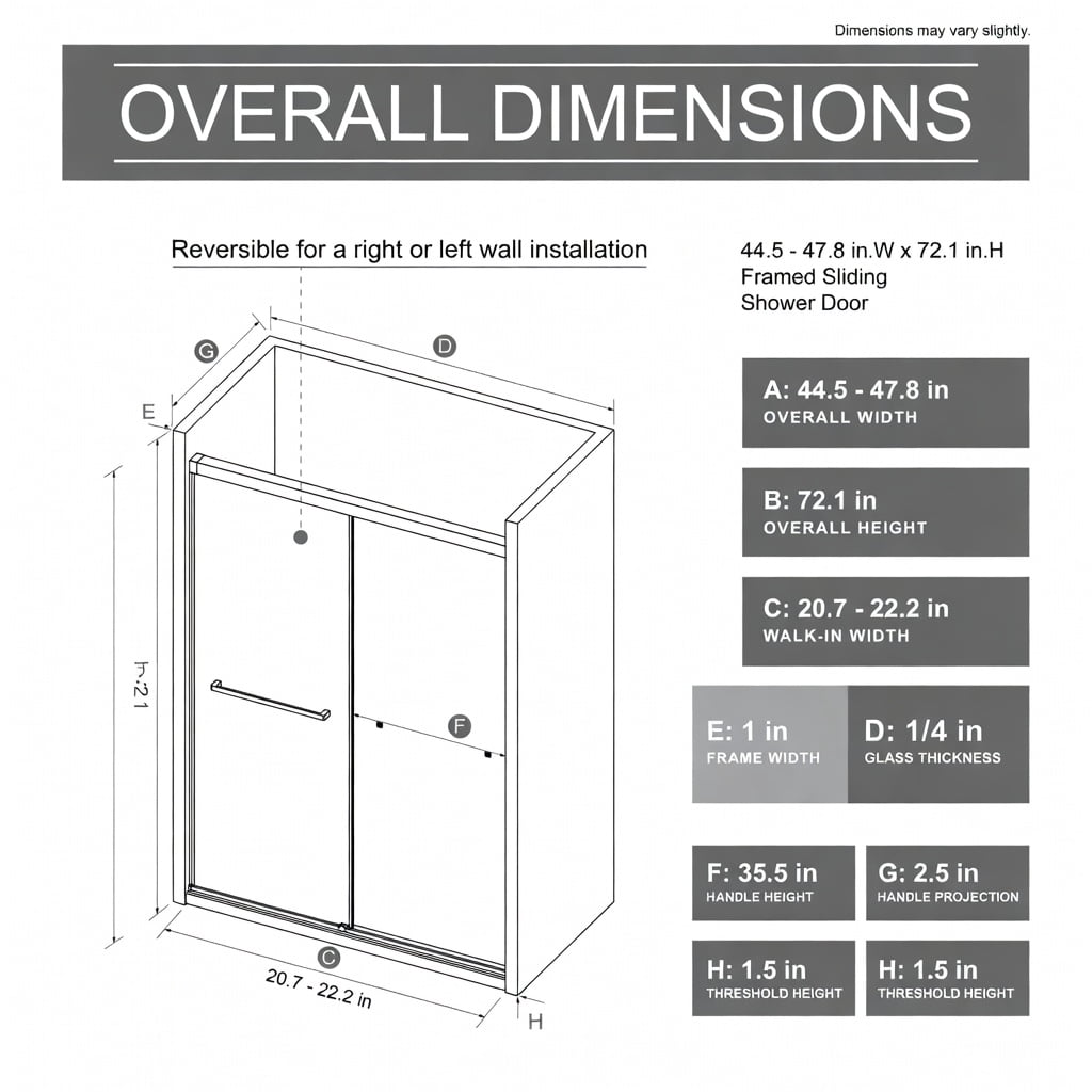 Hommoo 48"W x 72"H Frameless Dual Sliding Shower Door, Soft-Close Buffer Track, Leak-Proof Extended Metal Threshold, Black & Transparent