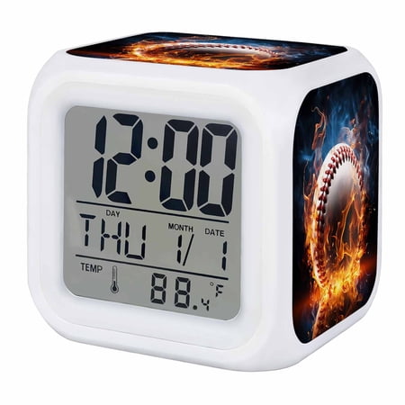 Baseball Digital Alarm Clock for Bedrooms, Smart LED Alarm Clock with 7 Color Changing Night Light, Sports Theme Gradient Orange Blue Black Silent Wake Up Clocks for Sleep Study Cooking 3.2x3.2