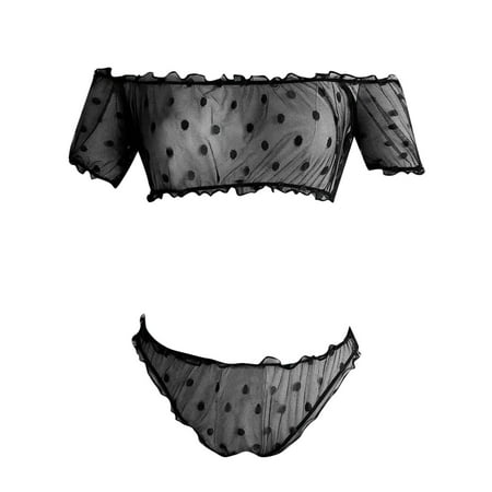 

TANGNADE Women s Pure Dot Mesh Two Piece Set Of A Word Shoulder Strapless Of Interest Underwear
