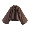 thumbnail image 2 of Sewkxo Womens Cropped Puff Sleeve Bomber Jacket Lapel Collar Pleated Full Zip Coat Spring Loose Fit Trendy Outerwear,Brown S, 2 of 8