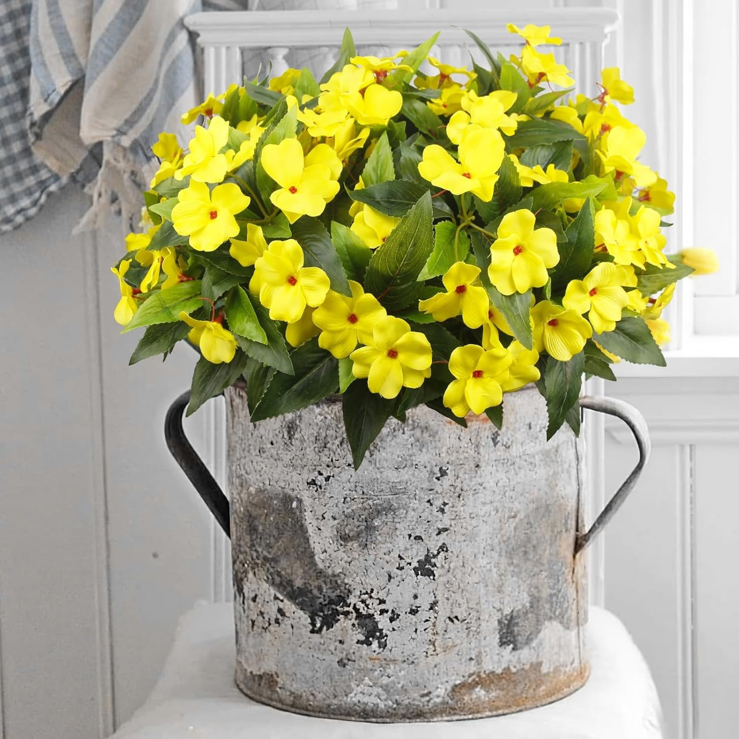 Fake Plants Fake Flowers Spring Decorations for Home Silk Impatiens Bouquet Flowers Artificial Flowers Impatiens Plants Fake Impatiens for Indoor Outdoor Balcony Decorations,4 Pcs Yellow