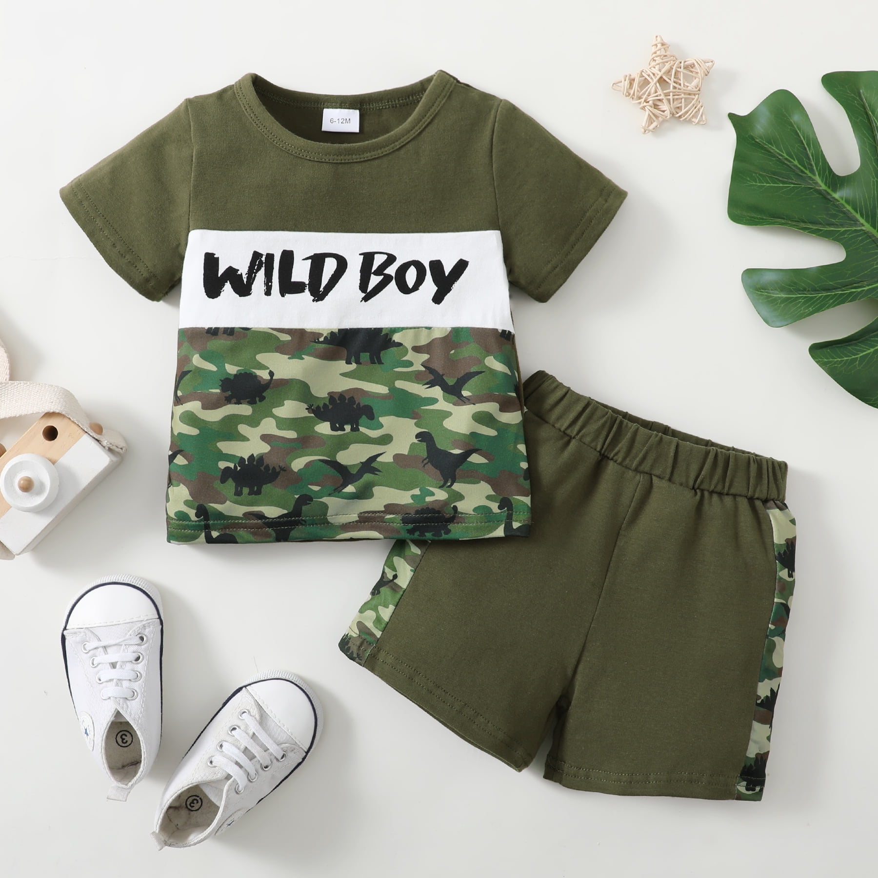 2pcs Baby Boy Letter Print Short-sleeve T-shirt and Dinosaur Print Shorts Set