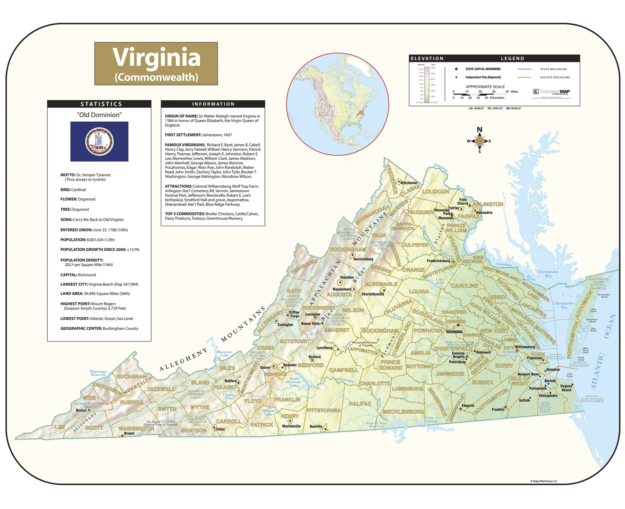 Kappa Map West Virginia Large Shaded Relief Classroom Wall Map Roller