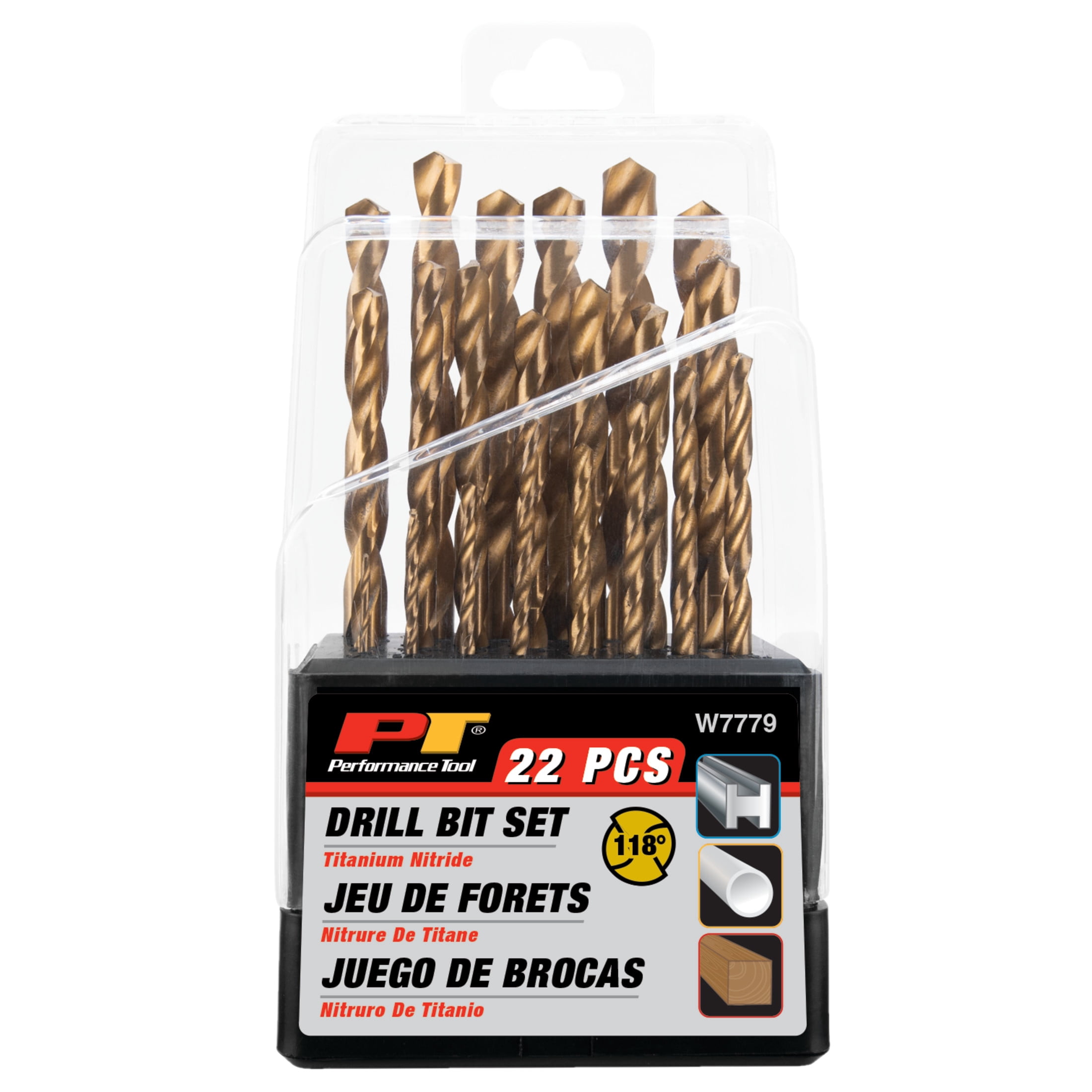 Performance Tool W7779 22-Piece Titanium-Coated HSS Drill Bit Set - 118-Degree Bit Set, 1/16 to 3/8 Inch, Wood, Plastic, Soft Metals