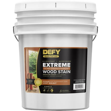 DEFY Extreme Wood Stain and Sealer in One - 5 Gallon Semi-Transparent Waterproof Coating for All Wood Types - Light Walnut