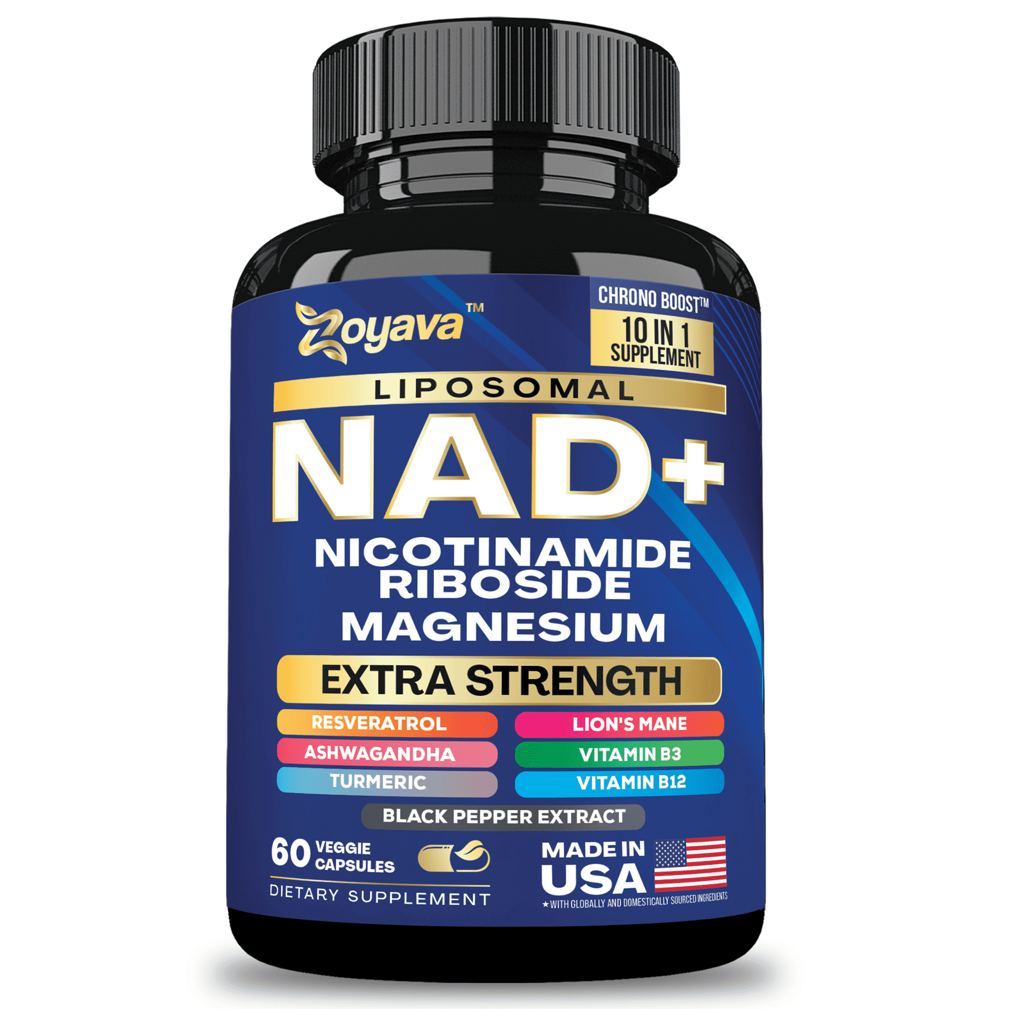 Liposomal NAD+ 400mg Supplement - Zoyava 10-in-1 Extra Strength NAD Booster with Niacinamide, Magnesium, Ashwagandha, Lion's Mane - 60 Veggie Caps