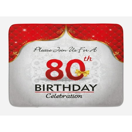 80th Birthday Bath Mat, Birthday Party Invitation with Abstract Floral Backdrop Elderly, Non-Slip Plush Mat Bathroom Kitchen Laundry Room Decor, 29.5 X 17.5 Inches, Red Silver and Golden,