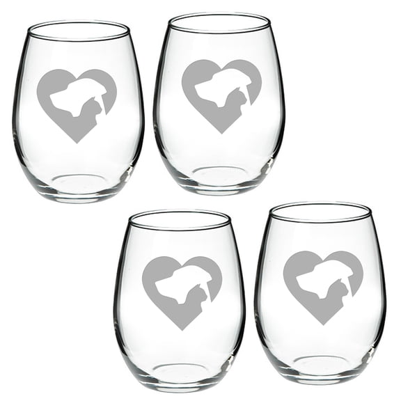 Cat Dog Heart Deep Etched Stemless Red Wine Glass Set of 2