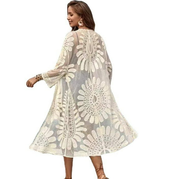 XISAOK Women Beach Swimsuit Cover Up Embroidery Sunflower Lace V-Neck Kimono Cardigan
