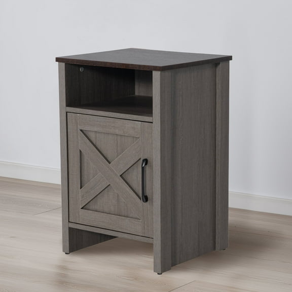 Leovanni Farmhouse Nightstand with Storage Shelf, Rustic Wood Bedside Table with Barn Door, End Side Tables for Living Room Bedroom Dorm, Grey