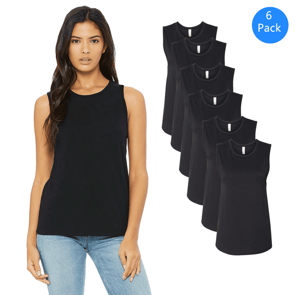 Bella Canvas Women's Sleeveless Cotton Jersey Muscle Tank Top Black Tee Pack of 6, S