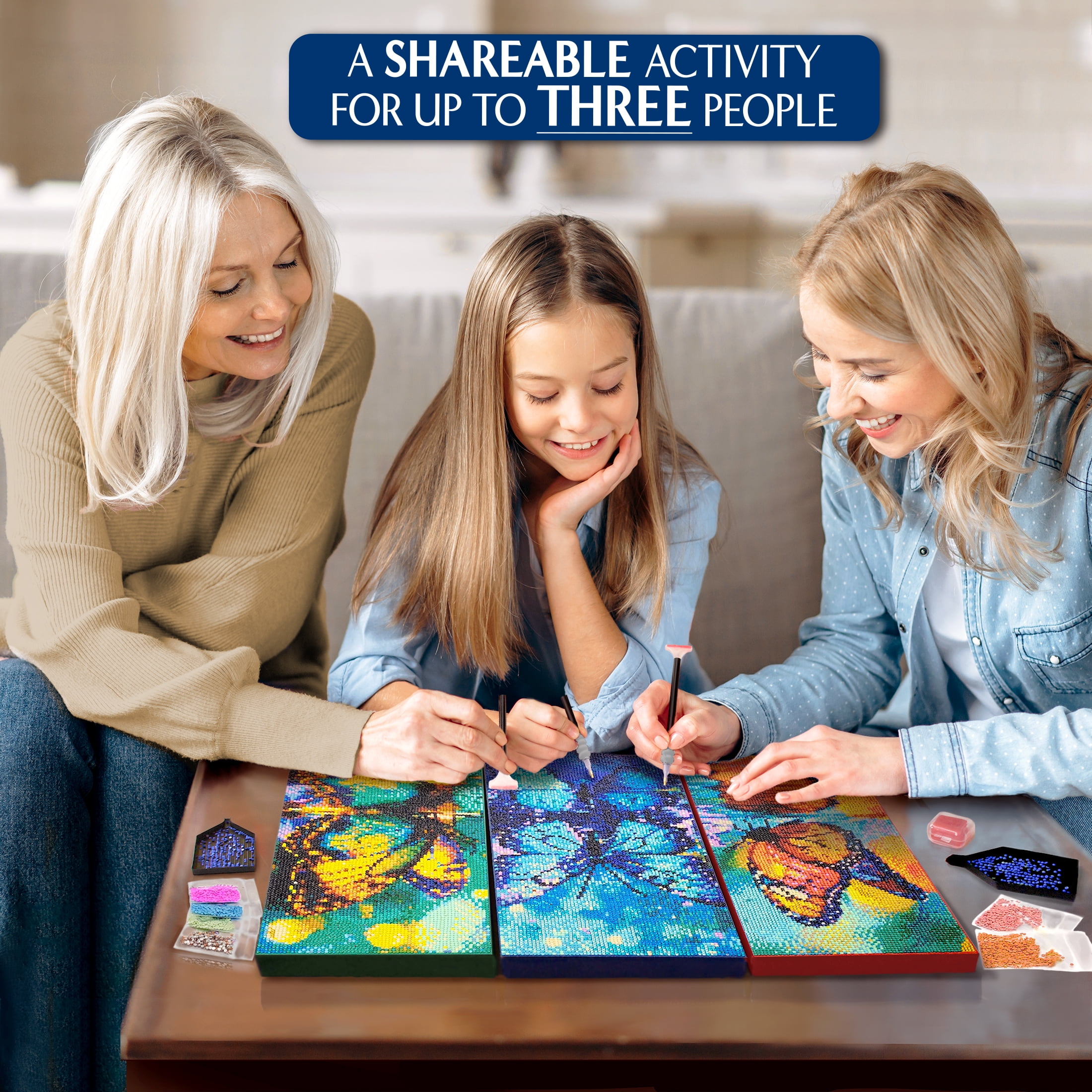 ArtSkills Diamond Painting Kit, Diamond Art Ready to Hang Framed Canvas with Storage and Accessory Kit, Enchanted Butterflies, 3 Stretched Canvas Panels, 14” x 7” Each