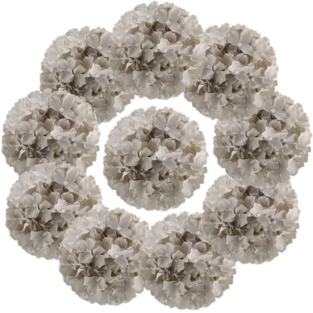 Flojery Silk Hydrangea Heads Artificial Flowers Heads With Stems For Home Wedding Decor,Pack Of 10 (Gray)