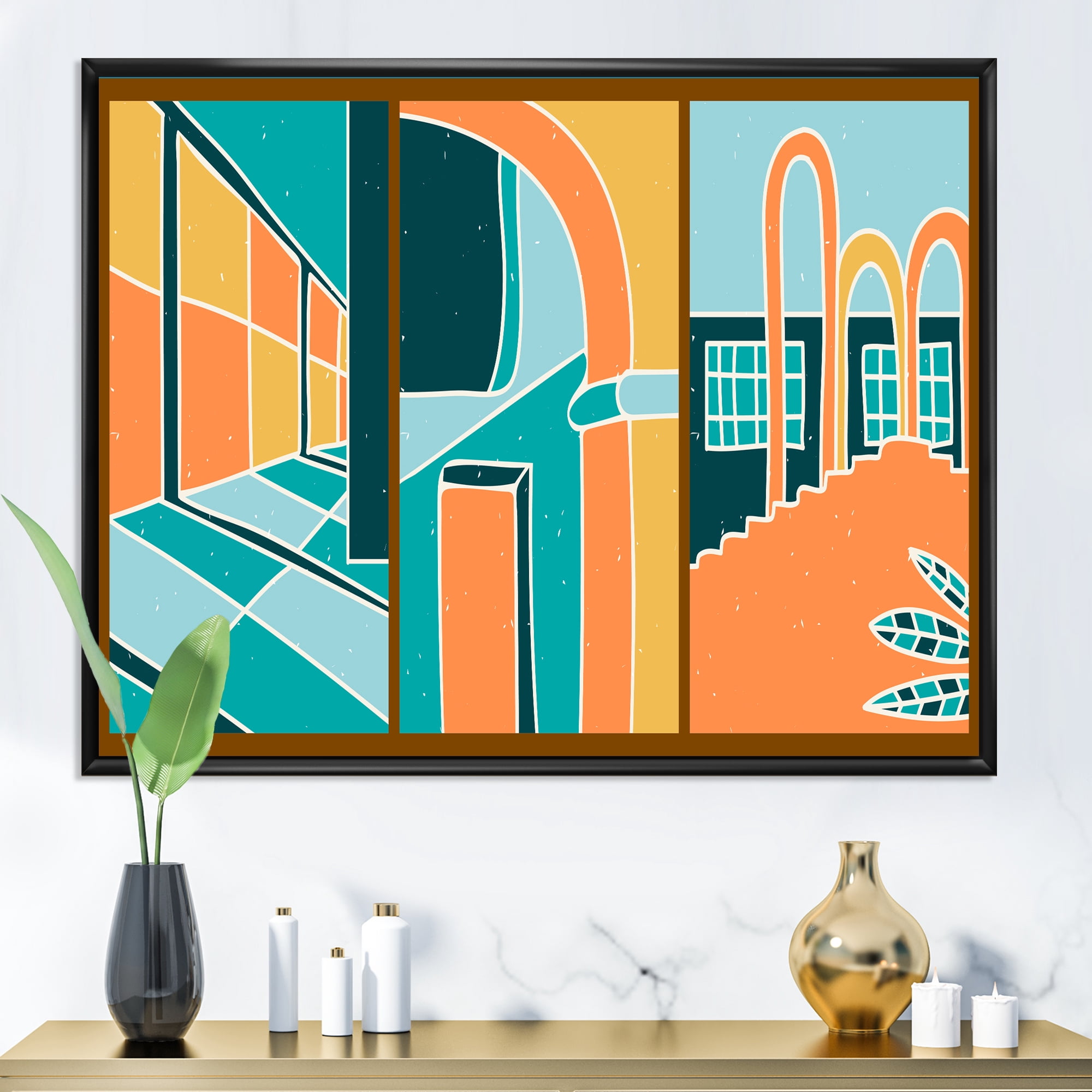 Designart 'Geometric Shapes Vintage Style Building Windows' Modern Framed Canvas Wall Art Print
