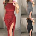 thumbnail image 2 of Huowey Party Dresses For Women Solid Color Off The Shoulder Short Sleeve Boat Neck Ruched Slim Fit Sparkly Glitter High Split Long Length Bodycon Dress Wedding Gowns Clubwear,Red,M, 2 of 6